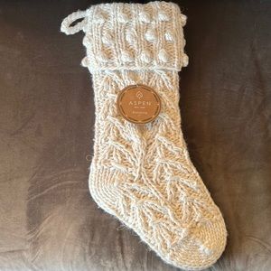 Aspen Boho Knitted Pom Pom Christmas Stocking gold threads NWT